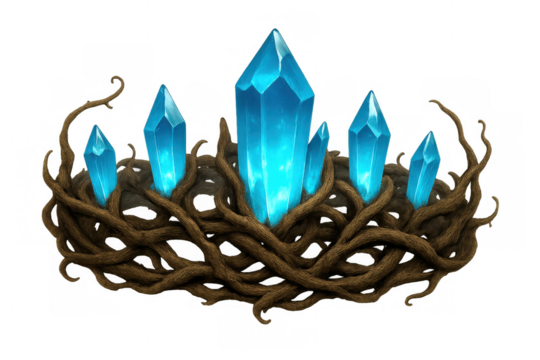 Glowing blue crystals growing from intertwining fantasy roots, isolated on transparent background, magical nature design element