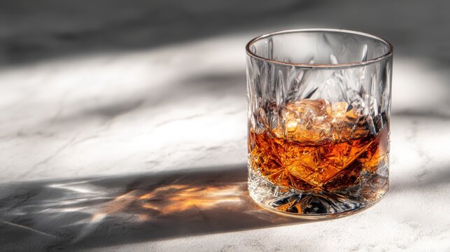 Cut crystal tumbler holding amber spirit with melting ice rests upon a bright surface casting dramatic shadows