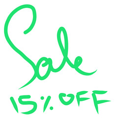 Hand-lettered 'Sale 15% Off' text in green neon monoline script