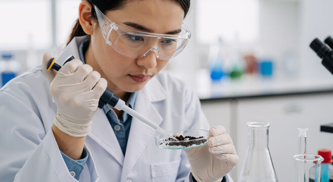 young asian woman scientist analyzing soil sample in laboratory for environmental research
