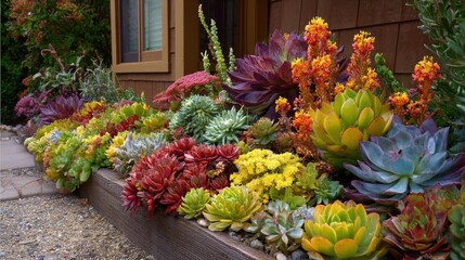 Obraz premium Succulent plants in various shapes and colors create a lively display in a garden bed.