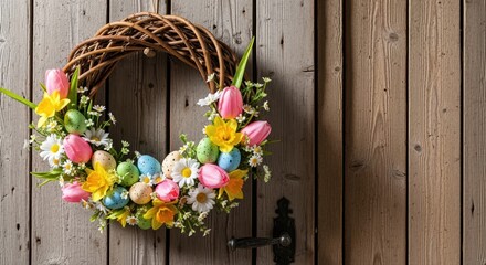 colorful easter wreath with eggs and flowers on rustic wooden door, spring decoration