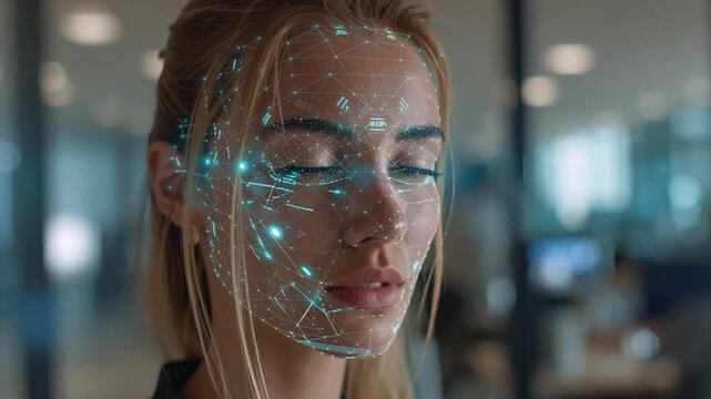 Closeup of a young professional blonde woman with a digital AI overlay scanning her face in a modern office background