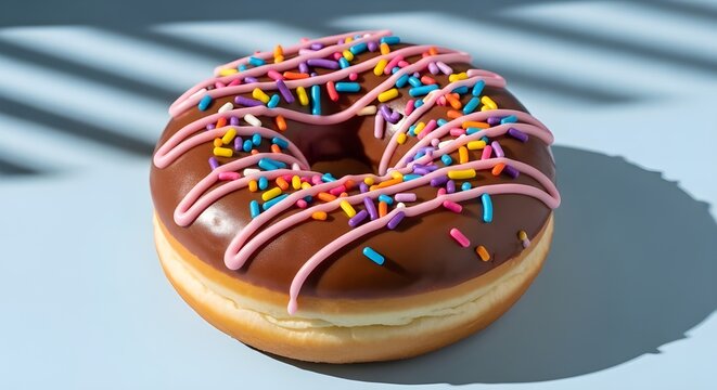 Chocolate frosted donut with pink icing and colorful sprinkles isolated PNG with Transparent Background - Powered by Adobe