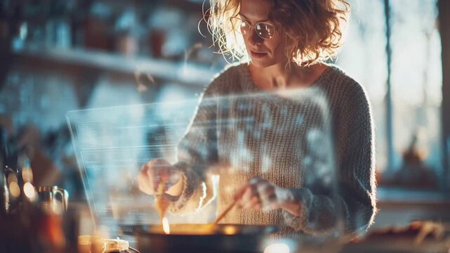 Blonde woman cooking in her kitchen with subtle AR cooking instructions floating above the stovetop, concept AI assistance and smart home innovation