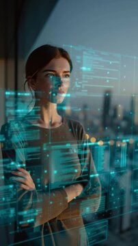 Young professional woman smiling and standing in a modern urban office while looking at an AI-assistant interface