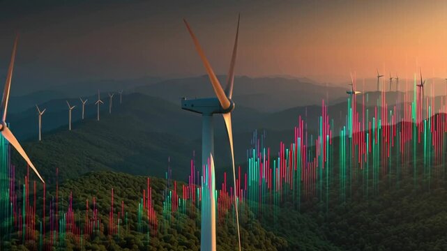 Drone view of wind turbines standing on lush green hills, with a digital overlay showing energy analytics - Powered by Adobe