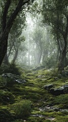 Obraz premium A serene forest path enveloped in mist, showcasing lush greenery, moss-covered rocks, and towering trees, creating a tranquil, ethereal atmosphere.