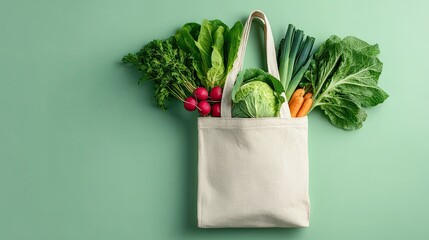 A reusable tote bag filled with fresh vegetables, including radishes, carrots, and leafy greens, set against a soft green background.