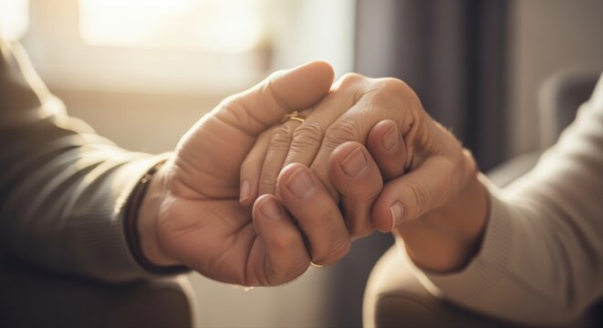 close-up of two people holding hands in warm light conveying comfort and support