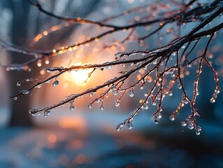 冬, 朝, 氷, 枝, sunrise, 雫, 静けさ, crystal, 光, nature