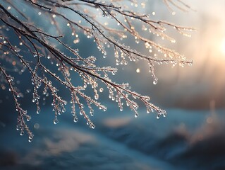 冬, 朝, 氷, 枝, sunrise, 雫, 静けさ, crystal, 光, nature