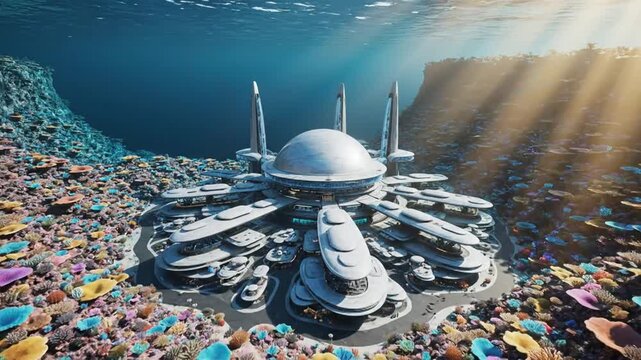 Futuristic Underwater City with Vibrant Coral Reefs and Advanced Architecture.