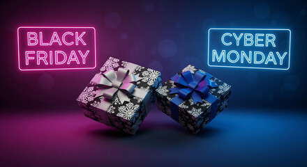 Exciting Black Friday and Cyber Monday neon signs illuminate festive gift boxes, signaling incredible shopping deals and holiday savings opportunities for eager buyers.