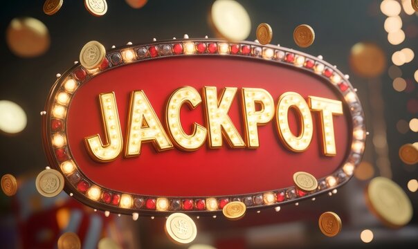 Red illuminated jackpot sign with bright bulbs and falling gold coins, symbolizing gambling success, wealth, and prizes