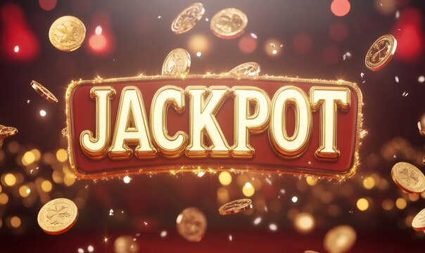 Jackpot sign sparkling with golden glitter on a red background. Gold coins with clover and star symbols falling around, creating a festive atmosphere - Powered by Adobe