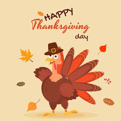 Cute Thanksgiving Greeting Card with Cartoon Turkey, Autumn Leaves and Festive Text &ndash; Vector Illustration for Seasonal Design, Posters and Holiday Banners