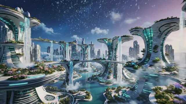 Futuristic Utopia - A Glimpse into an Advanced Cityscape with Water Features and Modern Architecture.