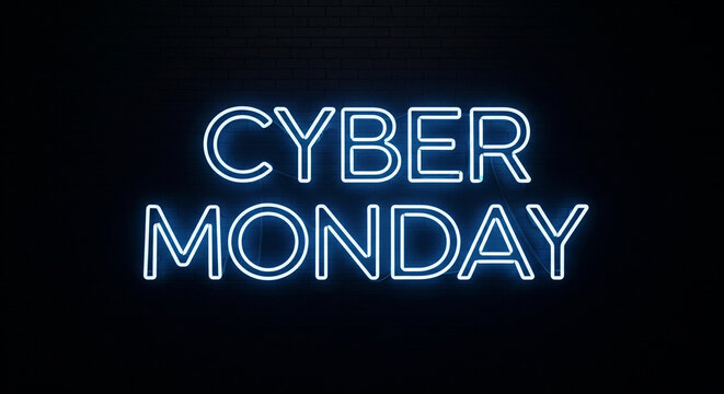 Vibrant blue neon 'Cyber Monday' sign glows on dark brick wall, igniting excitement for massive online shopping deals and digital discounts