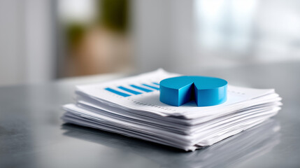 Business report documents with printed blue graphs, bar charts, and pie charts lying on a reflective gray desk. A neat stack of papers is placed beside them, representing data anal