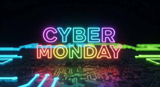 Vibrant neon "Cyber Monday" text glows against a futuristic circuit board backdrop, promising exciting digital deals and tech sales for shoppers worldwide.