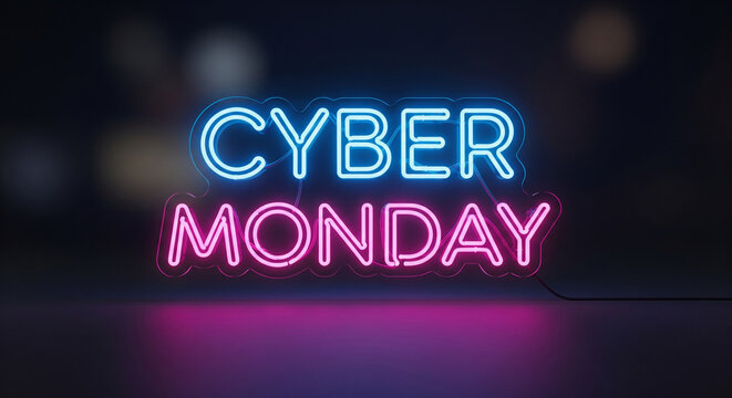 Ignite incredible sales with a vibrant neon Cyber Monday sign glowing with blue and pink lights, perfect for announcing massive online discounts and promotions - Powered by Adobe