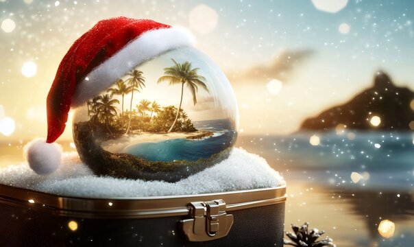 Tropical beach inside a snow globe with santa hat, sitting on a suitcase against a snowy background. Representing winter travel concept