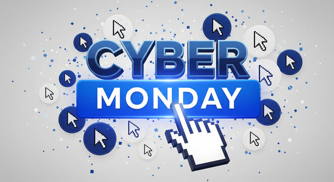 Dynamic Cyber Monday sale announcement with digital cursors and confetti, perfect for online shopping promotions and e-commerce campaigns.