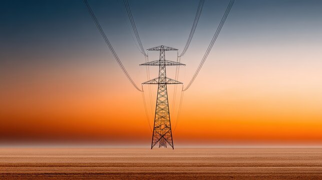 Power Grid Sunset: Energy & Transmission Stock Photo, Technology, Power lines, Transmission tower