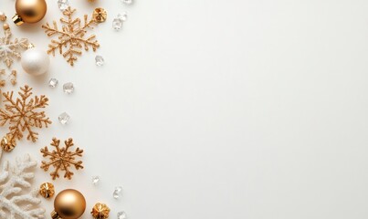 Golden christmas ornaments, glittering snowflakes and ice cubes creating a festive holiday background with copy space