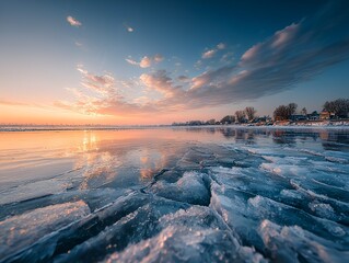 氷, 湖, 朝, 冬, blue, sky, 静寂, horizon, 透明感, light