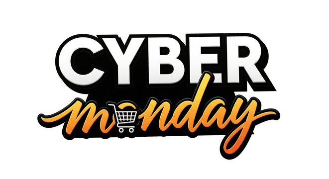 Unleash incredible savings this Cyber Monday with dynamic text graphics and a shopping cart icon signaling huge online deals and e-commerce promotions for ultimate shopping excitement