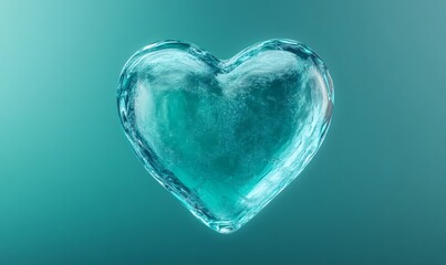 Ice heart shape symbolizing frozen love or cold emotions, featuring trapped air bubbles and a refreshing teal background