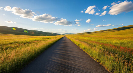 Vast open road stretches through golden rolling hills under a bright blue sky with fluffy white clouds, inviting adventure and exploration
