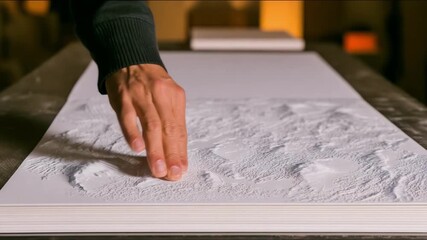 Closeup medium shot of embossed paper being pressed highlighting raised textures on luxury invitations in a workshop setting.