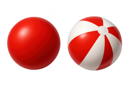 Red sphere and striped beach ball floating, summer fun, inflatable toy objects, transparent background