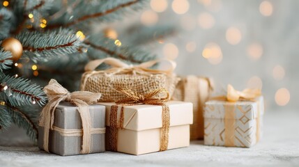 Elegant christmas gifts under festive tree with warm bokeh background