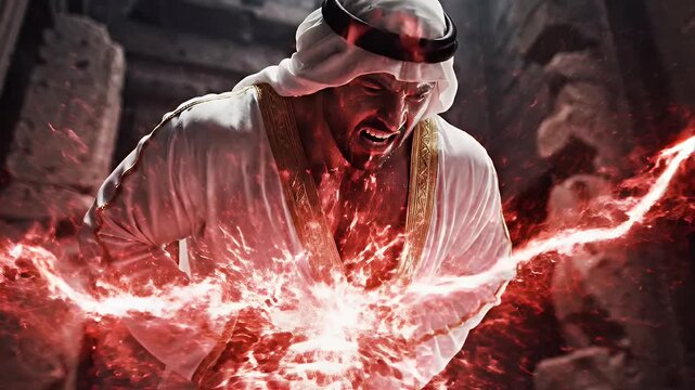 A man in traditional attire experiencing stomach pain or discomfort in a dark, rocky environment with dramatic lighting highlighting his expression and gesture