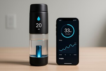 A smart water bottle with LED hydration tracker next to a smartphone displaying hydration data. The bottle is sleek and modern, suitable for office use.