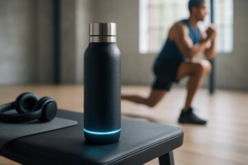 A smart water bottle with LED hydration tracker sits on an office desk. A young man with short hair exercises in the background, focusing on fitness and hydration.
