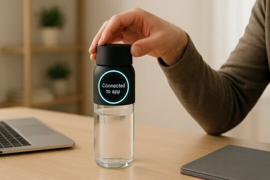 A hand holds a smart water bottle with an LED display. The bottle is on an office desk next to a laptop. It tracks hydration and reminds users to drink water.