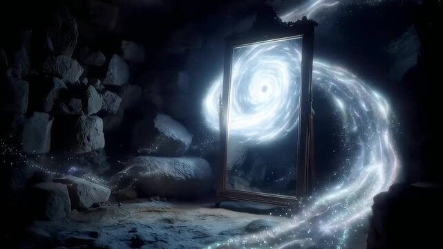 Ethereal portal through a fractured mirror in a rocky cave