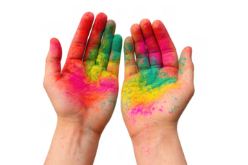 Hands holding vibrant colorful powder gulaal, celebrating holi festival of colors and joy, transparent background