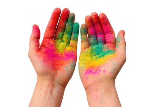 Hands holding vibrant colorful powder gulaal, celebrating holi festival of colors and joy, transparent background
