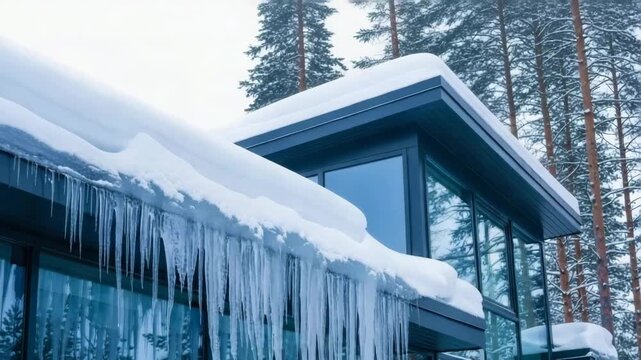Modern glass house with icicles and snow on roof, winter architecture surrounded by pine forest