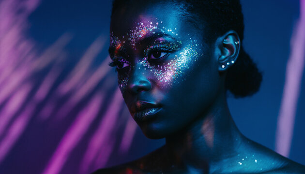 Beauty portrait with sparkling glitter makeup under moody neon lighting