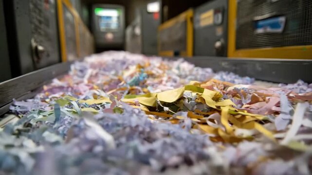 Medium shot of a secure document disposal area where shredded confidential papers are collected for recycling emphasizing data privacy.