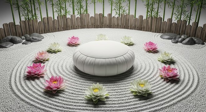 Zen garden with white sphere and colorful flowers on raked sand