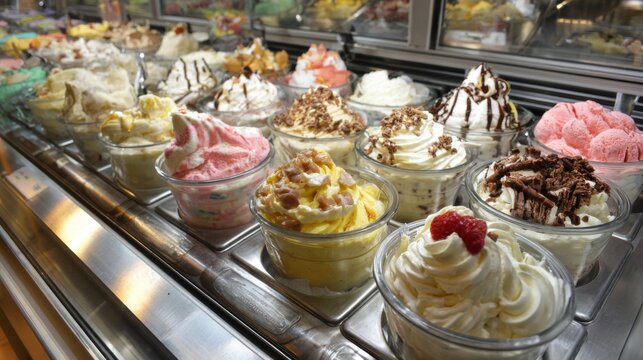 Various delicious ice creams topped with whipped cream and nuts showcase vibrant colors and textures.