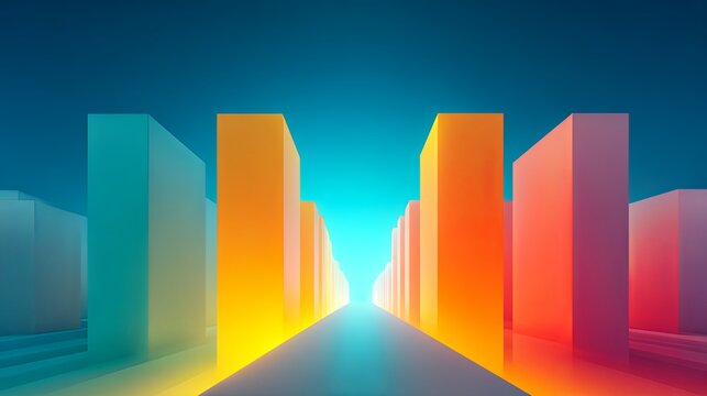 Cityscape with tall buildings in a rainbow of colors. The buildings are arranged in a row. The sky is blue